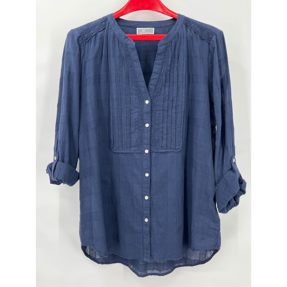 Navy Blue Cotton Crochet Lace‎ Trim Roll Tab Sleeve Blouse XL Cottagecore